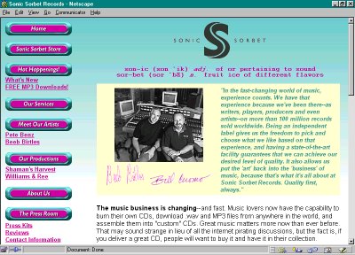 screen shot of Sonic Sorbet Records web site